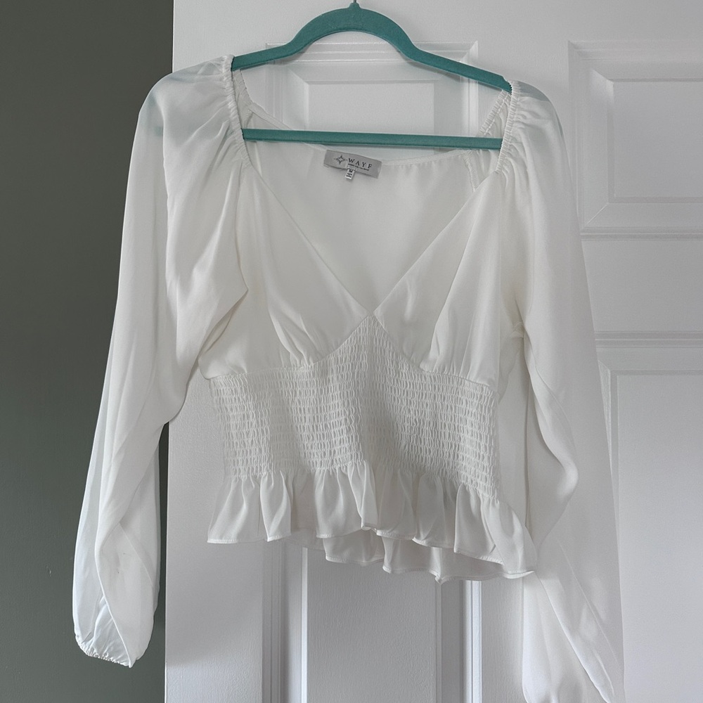 Wayf White Smocked Peplum Blouse